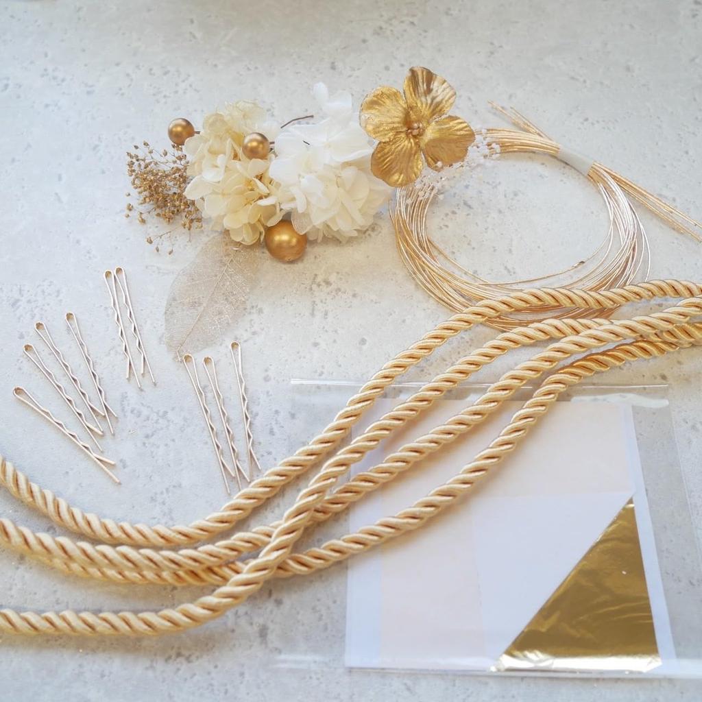 Lomeri Mizuhiki and Gold Leaf Hair Ornament (Mizuhiki X Dried Flower Set) A256