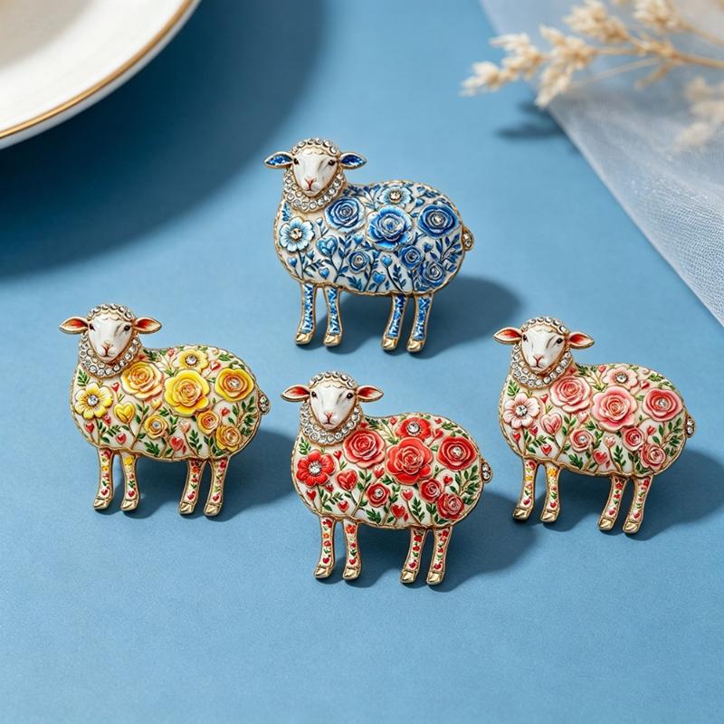 1Pcs Rose-Flower Sheep Brooches For Women Unisex 4-Color Rhinestone Year Of The Goat Animal Party Office Brooch Pin Gifts