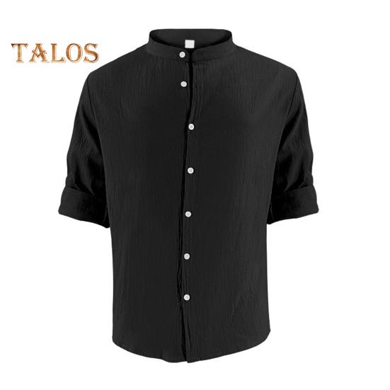 Men Cotton Shirt Long Sleeve Button Down Solid Color Shirt Henry Collar Casual Top with Adjustable Sleeves for Daily Wear Beach Vacation