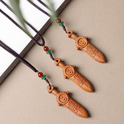 Jujube Wood Carved Mountain Ghost Necklace Pendant with Bagua Buckle and Nine Palaces Design