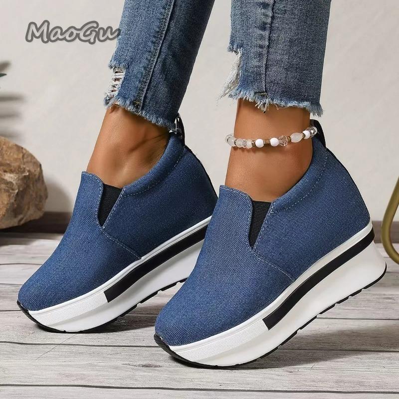 Fashion Women's Height Increasing Wedges Shoes Lightweight Slip On Platform Sneakers Women Thick Sole Denim Walking Rocker Shoes Woman