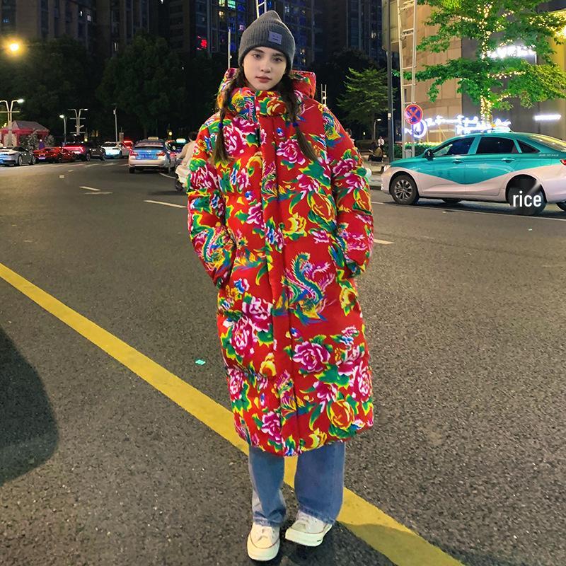 Northeast Floral Hanfu Long Hooded Cotton Coat - Unisex Loose-Fit, Warm, Trendy Cold-Protection Jacket