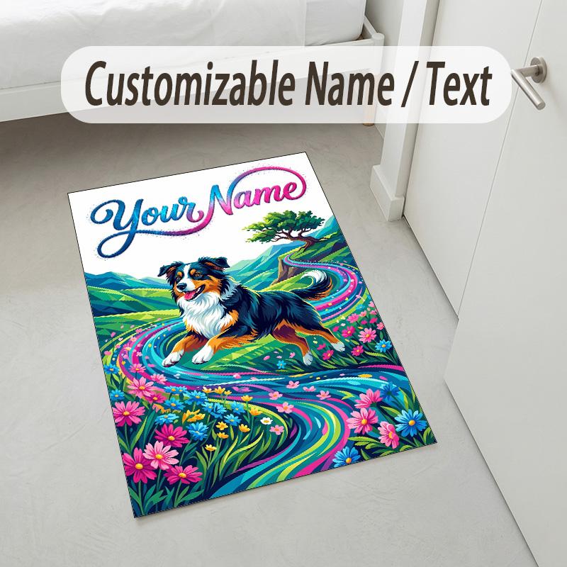 Dog Theme Crystal Velvet Rug Personalized Custom Name Text Soft Floor Mat Home Decor