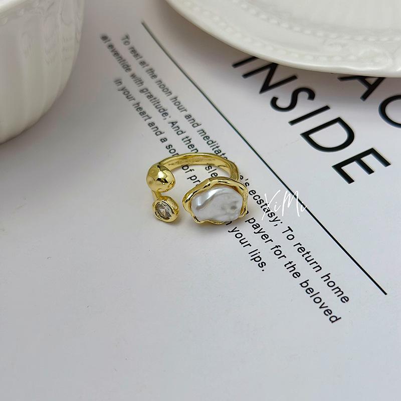 Personality Retro Baroque Imitation Pearl Zircon Adjustable Opening Rings for Women Party Statement Ring Stainless Steel Jewelry