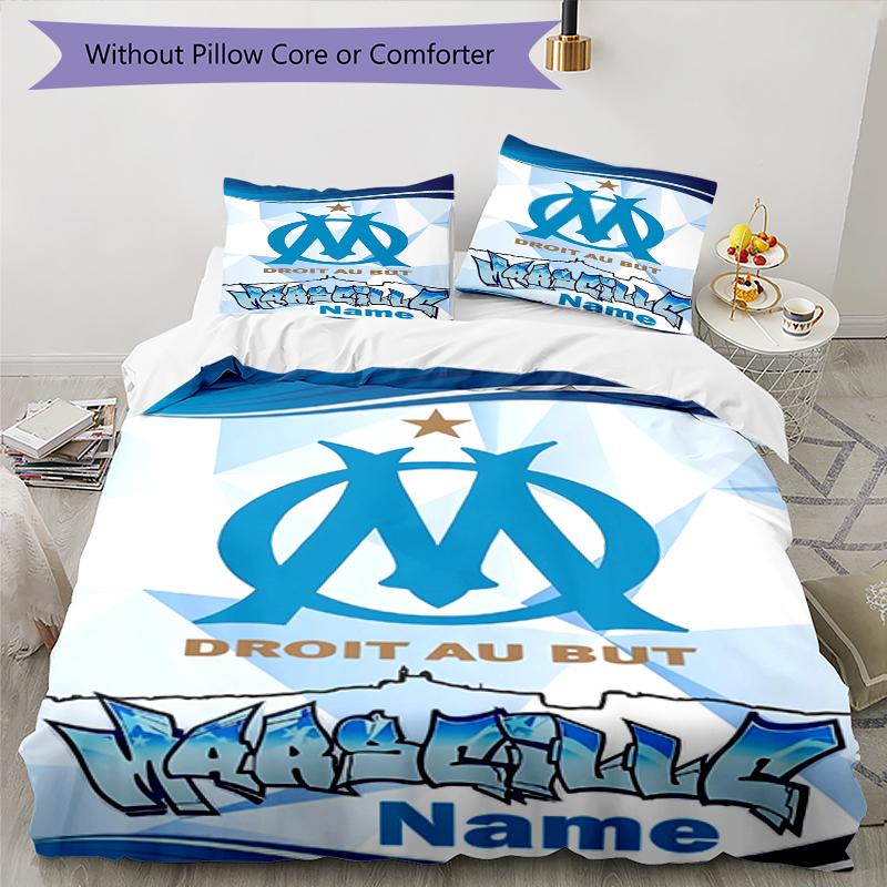 3pcs Custom Name Olympique De Marseille Bedding Set Duvet Cover Closure Includes 1 Duvet Cover & 2 Pillowcases, Soft and Comfortable for All Seasons.