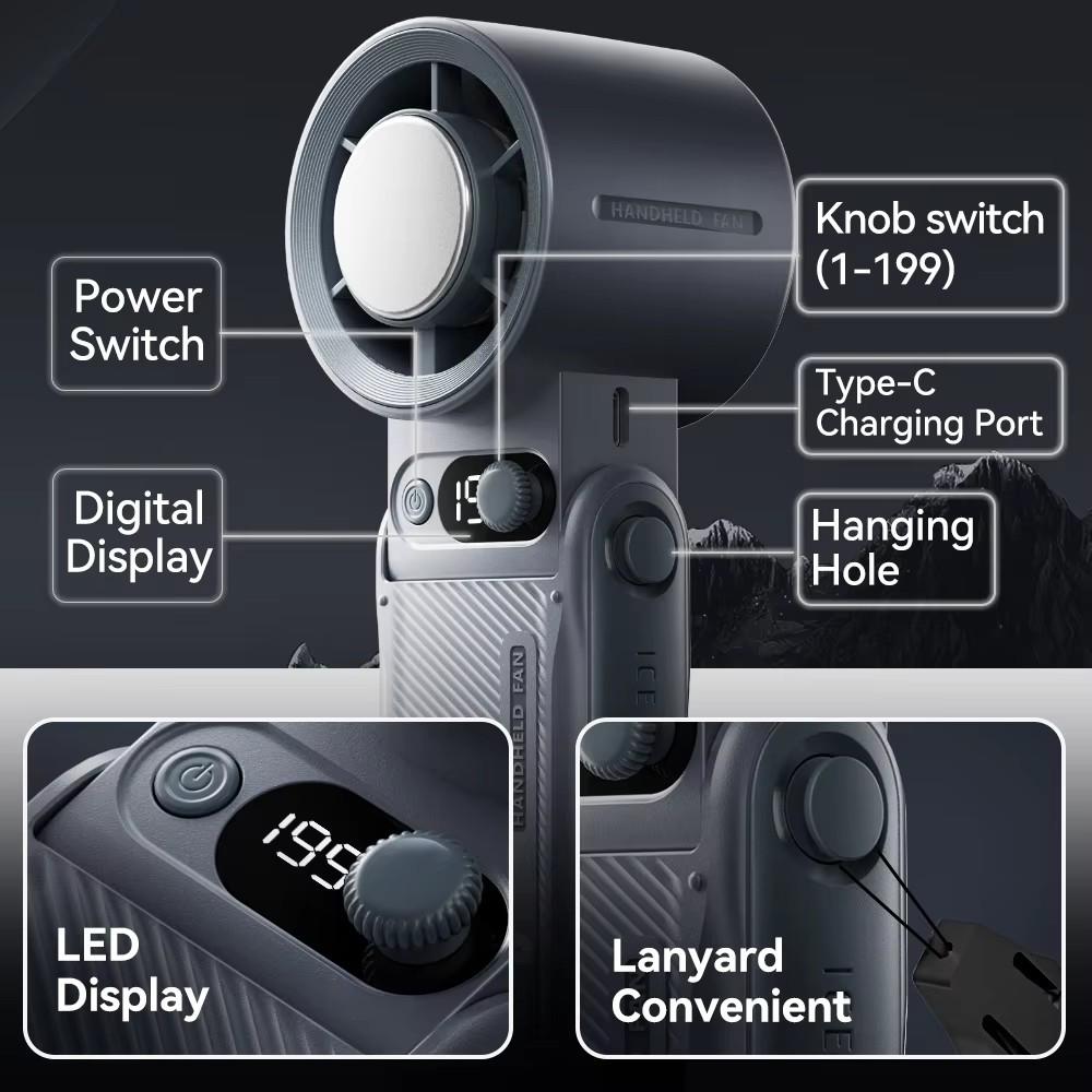 Portable Handheld Cooling Fan 199Gear Strong Wind Speed LED Digital Display 135°Foldable 3-in-1 Handheld Tubro Fan 8000mAh F5PRO