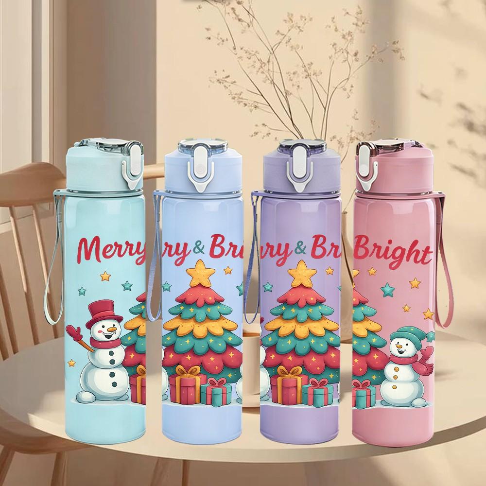 1PC Christmas Tree Santa Pattern 750ml Color Plastic Sports Water Bottle Leakproof Flip Straw Lid Suitable for Sports Office Home Use