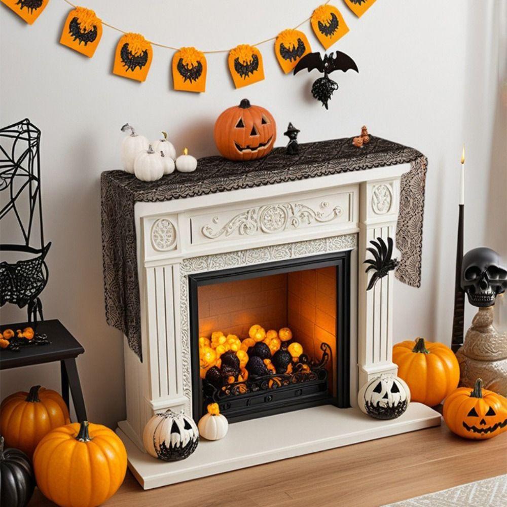 Black Color Halloween Table Runner Lace Material Gothic Style Spider Web Table Runner Long Length Hollow Out Table Runner