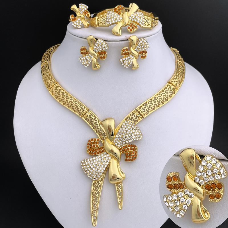 Italy 18k Gold Plated Women Zircon Set Classic Design Bowknot Necklace Earring Bracelet And Ring 4PCS Set Zircon Wedding Party