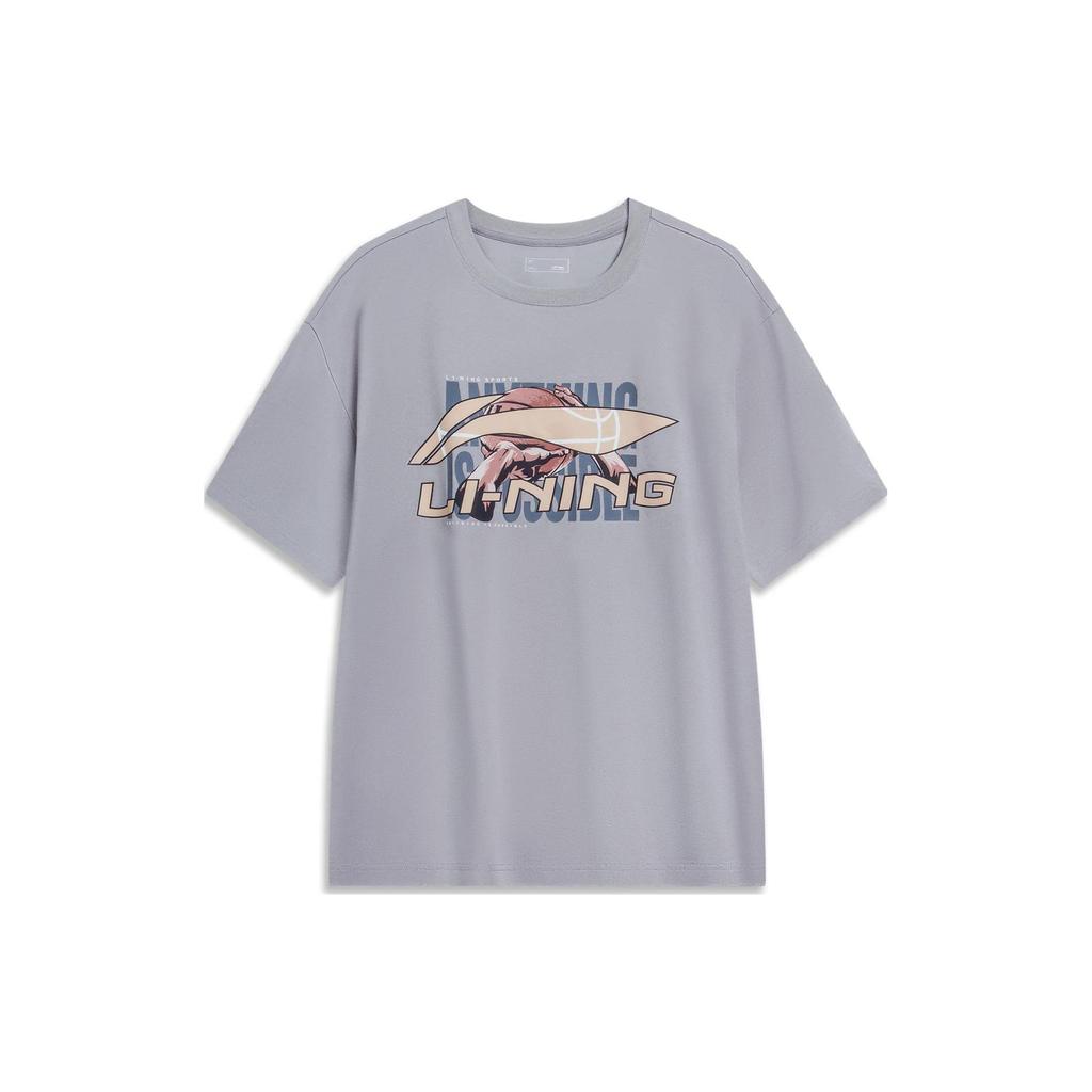 Li-Ning Sports Life Series Basketball Print Round Neck Short Sleeve T-Shirt Men Tops Gray AHST595-4