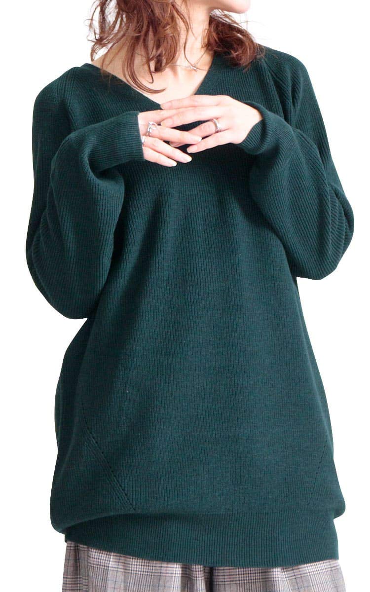 

Золотой Япония Большой размер Вязаный Длинный Длинный Зеленый Женский Топ, V-образный вырез, Рукава, suri-3211, 5L, зелёный