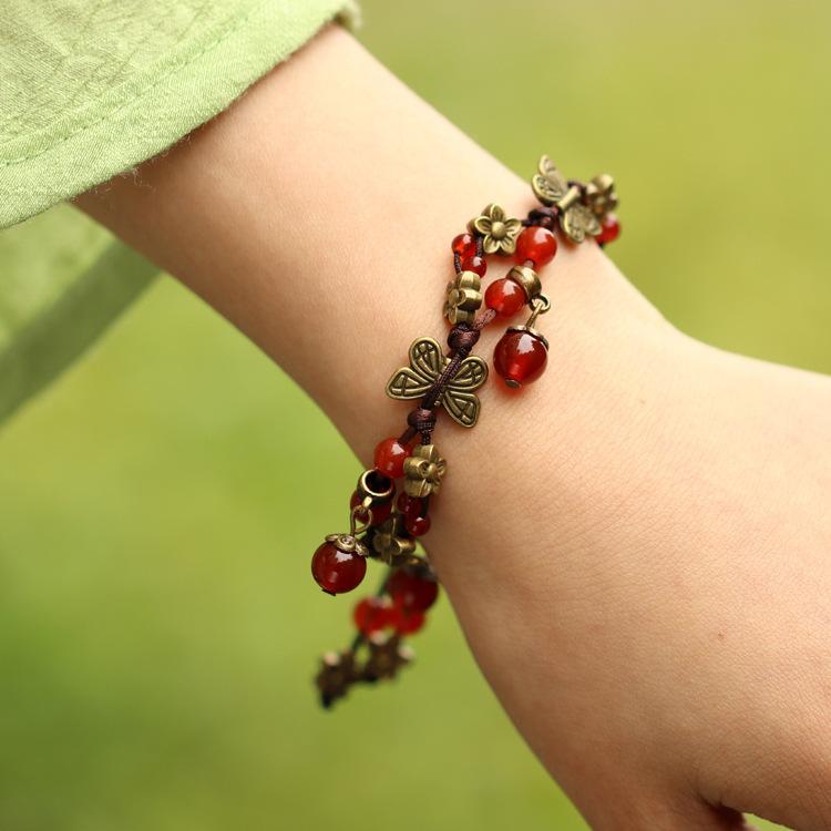 Hand-woven agate bracelet women's vintage bohemian butterfly flower fringed pendant anklet