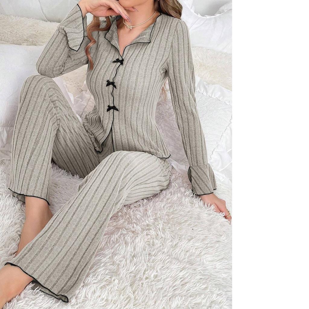 Damen Pyjama Set Langarm Oberteil und Weitbeinige Lange Hose