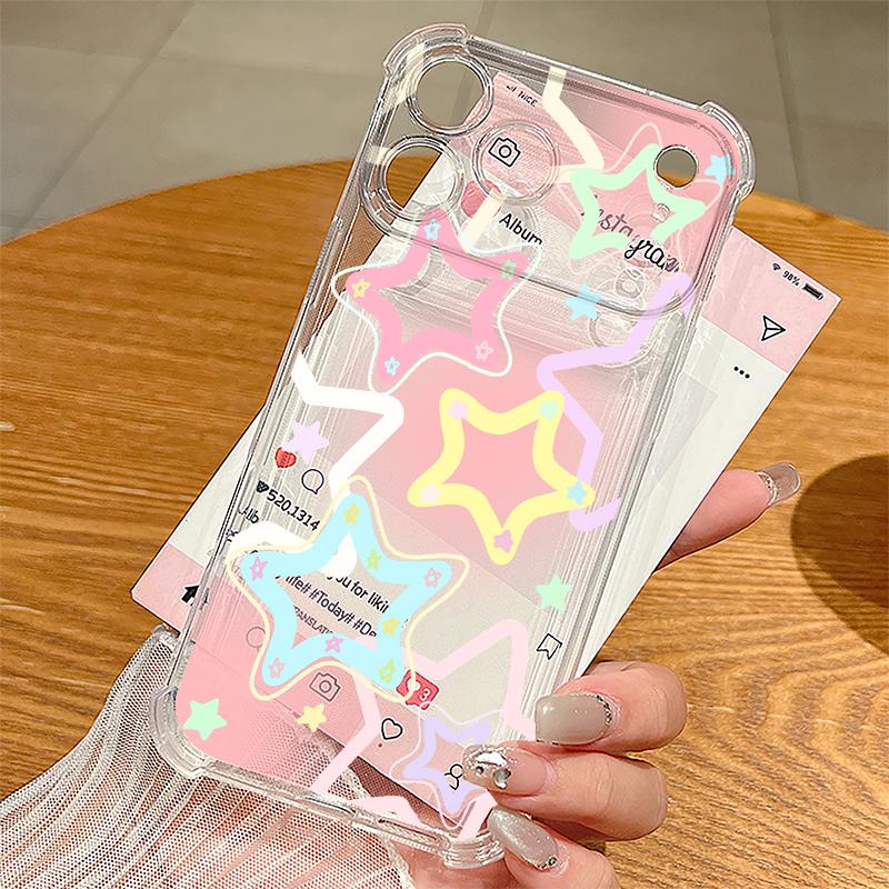 Star Moon Pattern Phone Case For iPhone 17e 17 16 15 Pro Max 14 13 Pro 16 Shockproof Clear TPU Soft Card Slot Pocket Back Cover