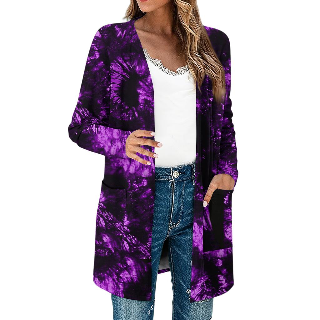 Women's Lightweight Long Sleeve Open Front Cardigans Long Sleeve Lightweight Vintage Printed Coat With Pockets