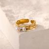 Square Zircon Pearl Rings For Women Gold Color Stainless Steel Geometric Opening Ring Wedding Party Christmas Jewelry Gift