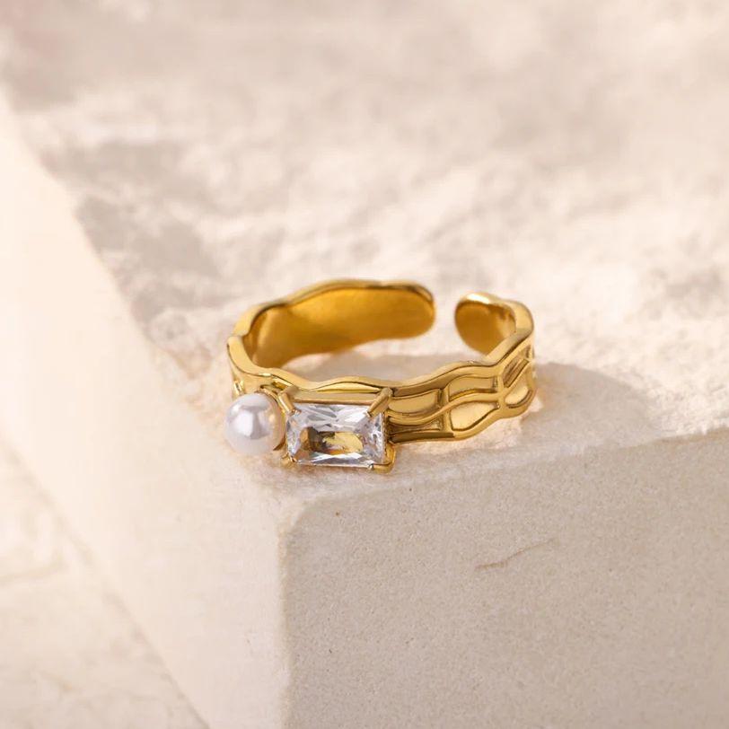 Square Zircon Pearl Rings For Women Gold Color Stainless Steel Geometric Opening Ring Wedding Party Christmas Jewelry Gift