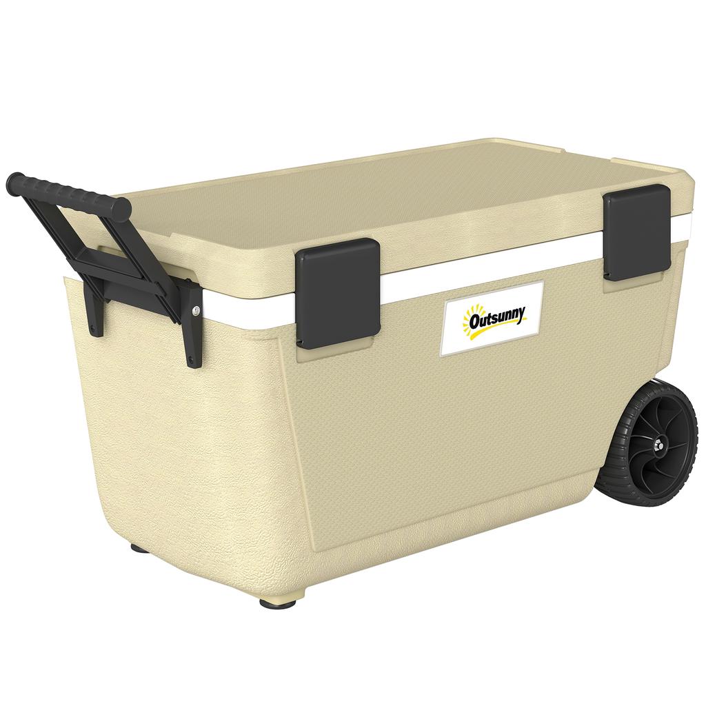 70L Insulated Cool Box with Wheels, Portable Ice Cooler with Handle, Lid and Drain Valve, Khaki