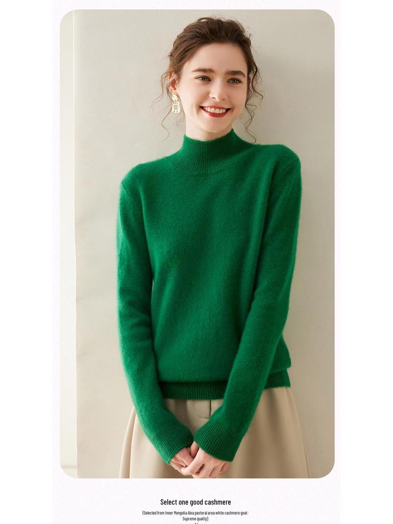 Women's Cashmere Half High Neck Slimming Solid Color Sweater for Autumn/Winter