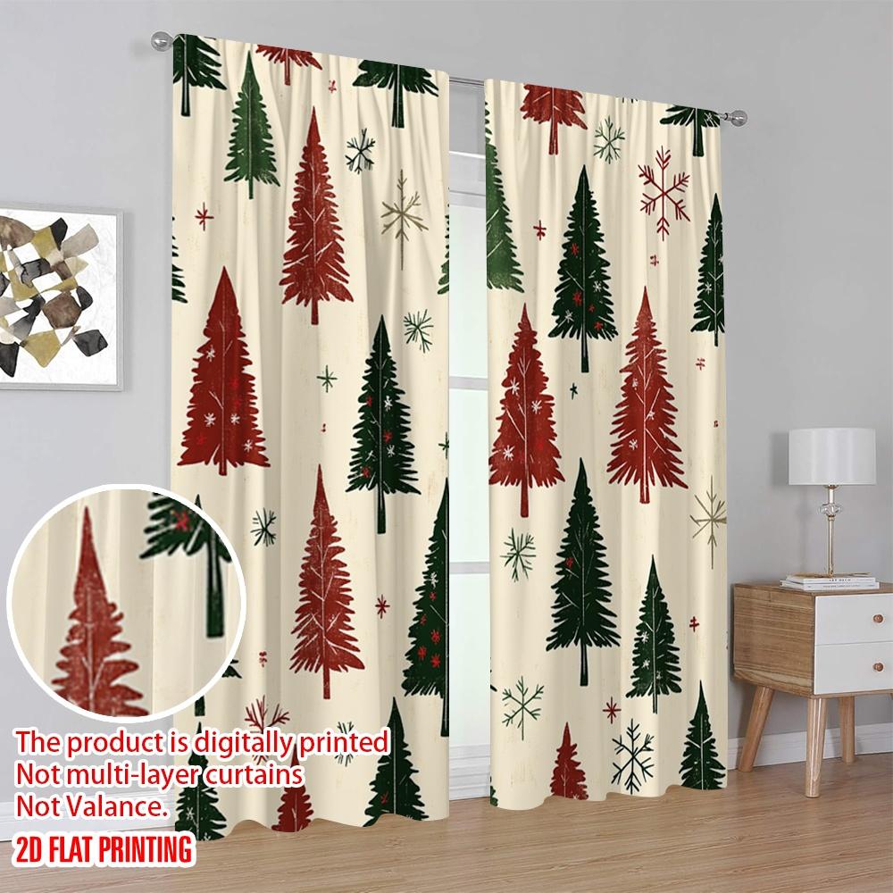 2pcs,2D Plane Printing Curtain Popular Christmas Trees Snowflakes Holiday (3) Durable 100% Polyester Fabric (without Rod)