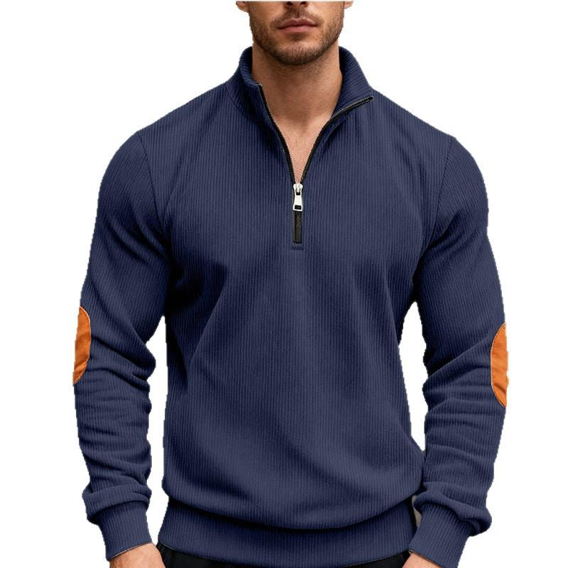 New Men's Autumn Casual Corduroy Solid-Colour Elbow-Patch Zip-Up Hooded Sweatshirt with Stand-Up Collar