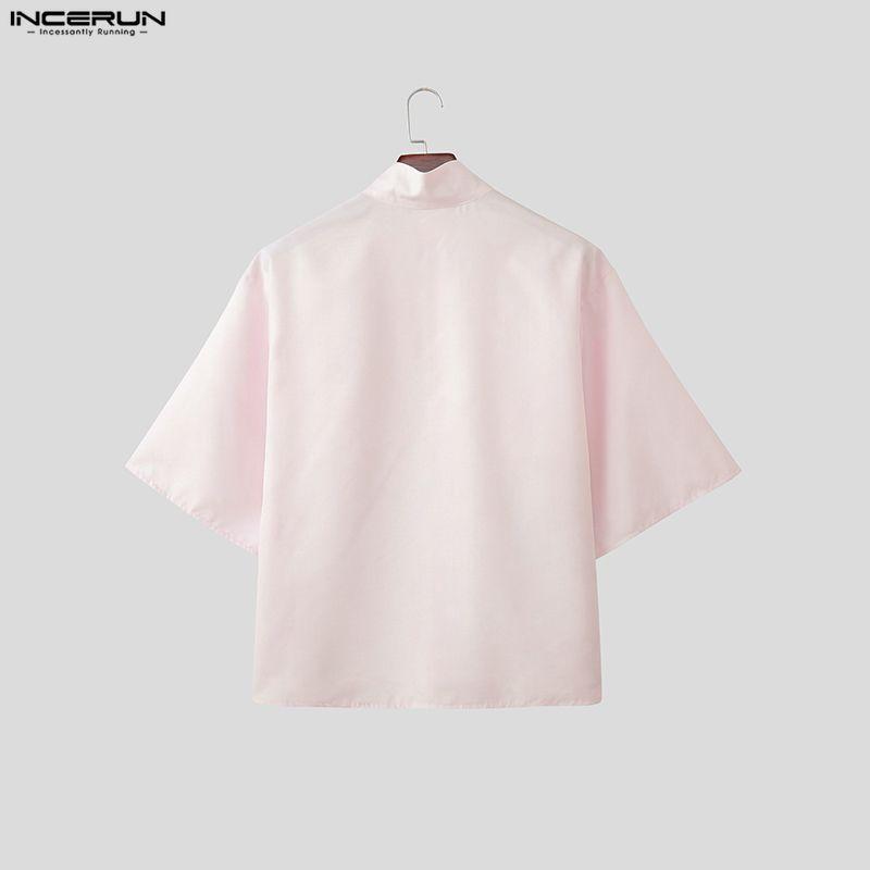 INCERUN Oversized Summer Men Lapel Neck 3/4 Sleeve Buttons Print Casual Shirts Tops