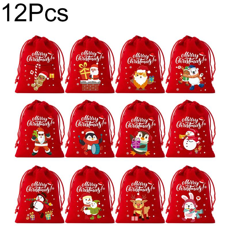 

6/8/12 шт. Бархатные подарочные мешочки с мультяшным рисунком 2025 на завязках для вечеринок, красные, зеленые, рождественские пакеты для конфет, упаковочные мешки