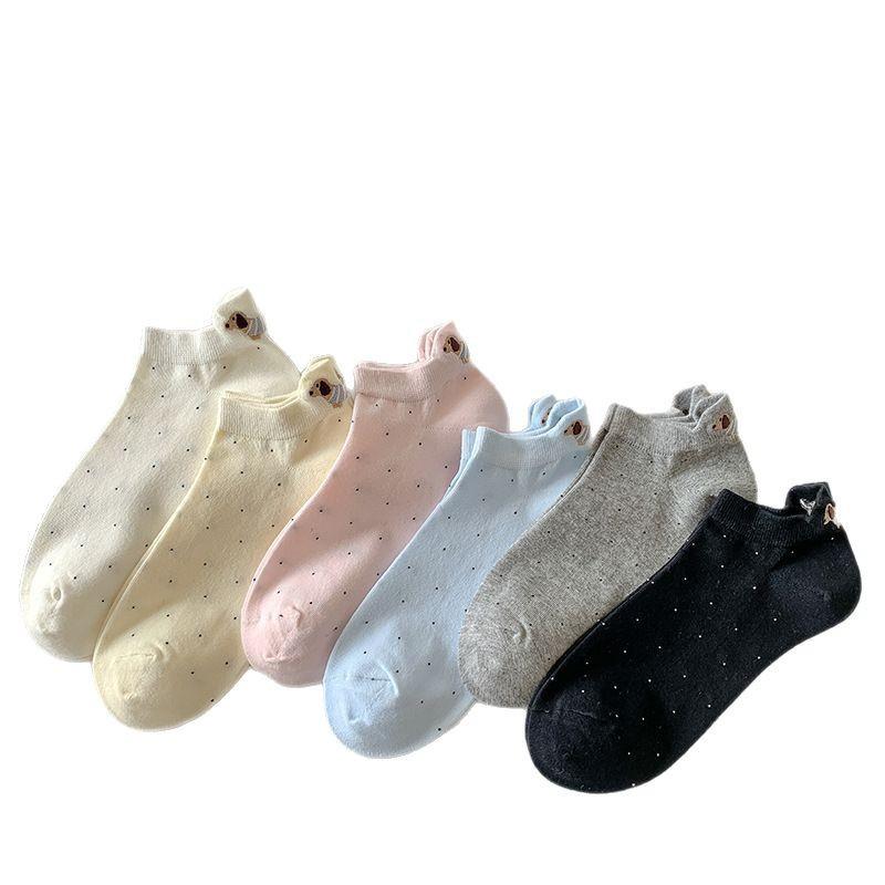 Female Spring and Summer Thin Pure Cotton Polka Dot Cute Cartoon Dachshund Embroidered Boat Socks