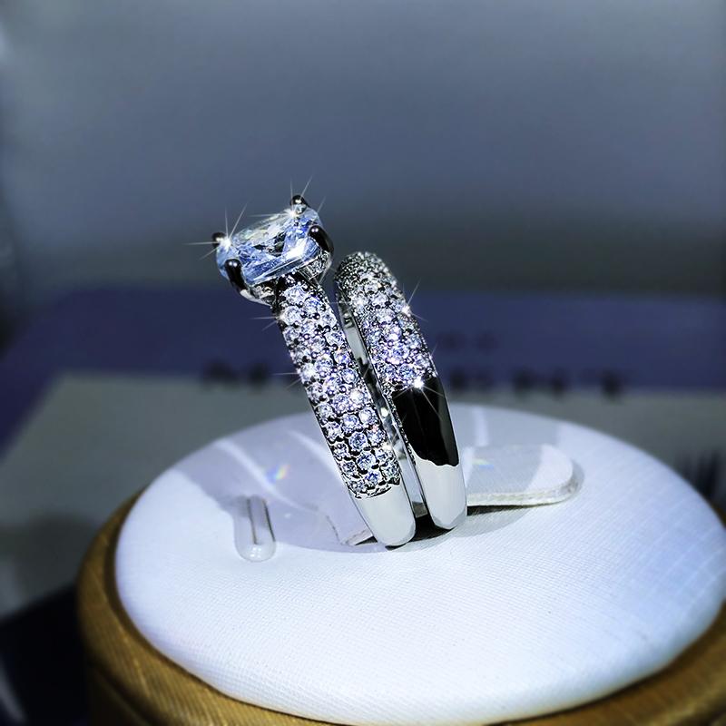 Copper High Quality Fashion Double Ring For Couple White Zircon Super Flash Ring Birthday Party Jewelry Gift