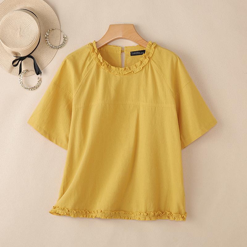 ZANZEA Women Casual Round Neck Solid Color Short Sleeve Blouse