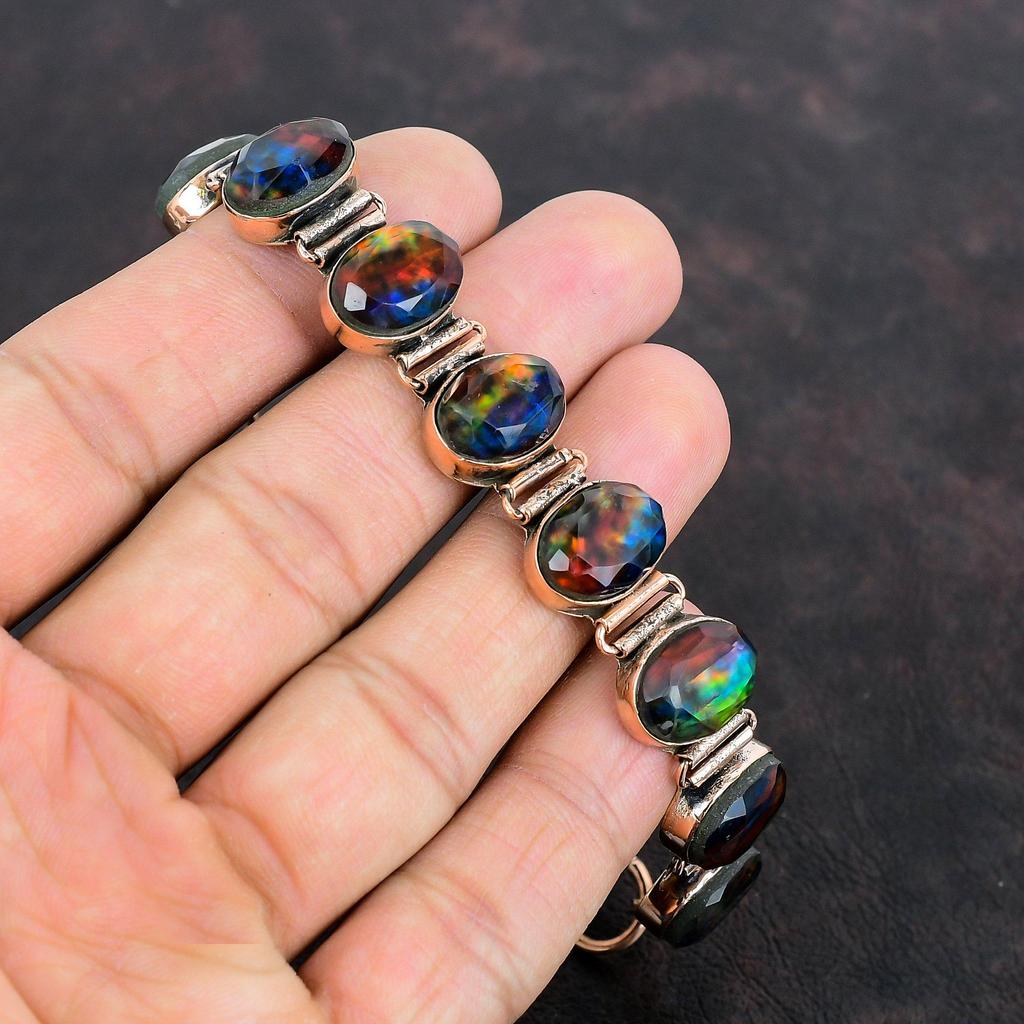 Faceted Ammolite Bracelet Copper Bracelet Gemstone Adjustable Chain Bracelet Handmade Designer Bracelet Antique Copper Jewelry Gifts For Her