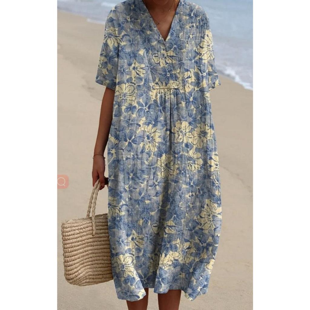Women's V Neck Short Sleeve Slim Fit Floral Print Long Dress Casual Summer Dress