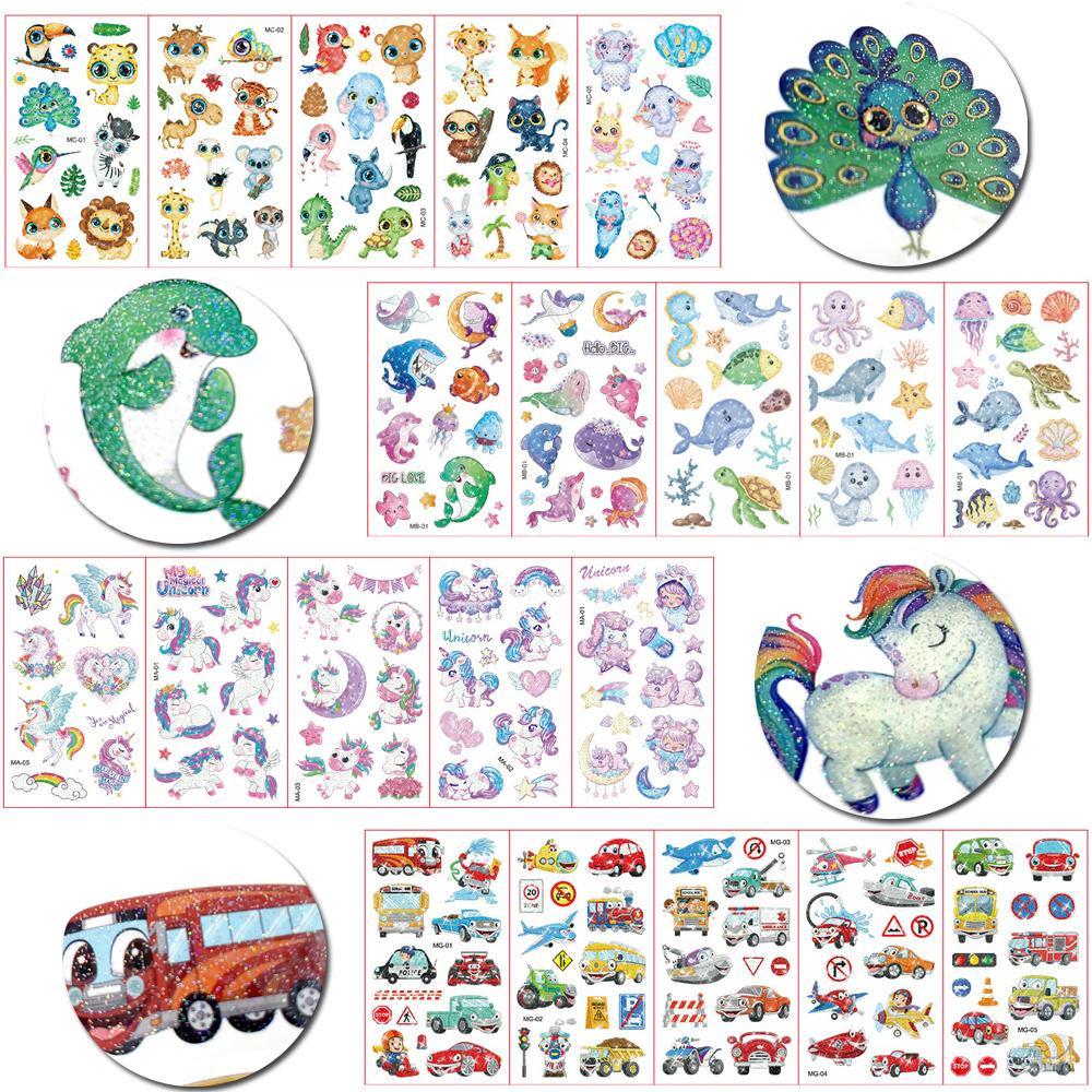 10 Fogli/Set Tatuaggi Adesivi Colorati con Polvere Glitterata Cartone Animato Animale Unicorno Principessa Veicolo Tatuaggio Temporaneo Finto per Bambini