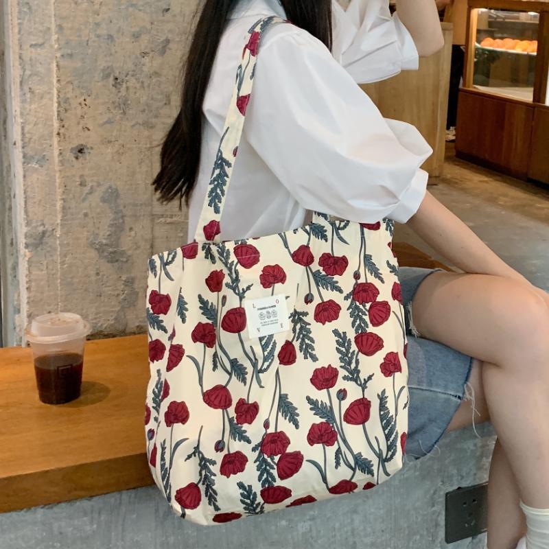 Retro Floral Women's Canvas Shoulder Bag High Capacity Girls Student Book Tote Handbag Cute Flower Female Reusable Shopping Bags