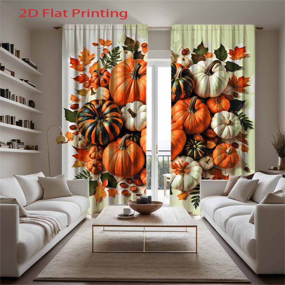 Piece Set High Definition Digital Printed Curtainsautumnpumpkinsorangewhiteleavesfallstylehome Decoration Style Curtain Made Of Polyester