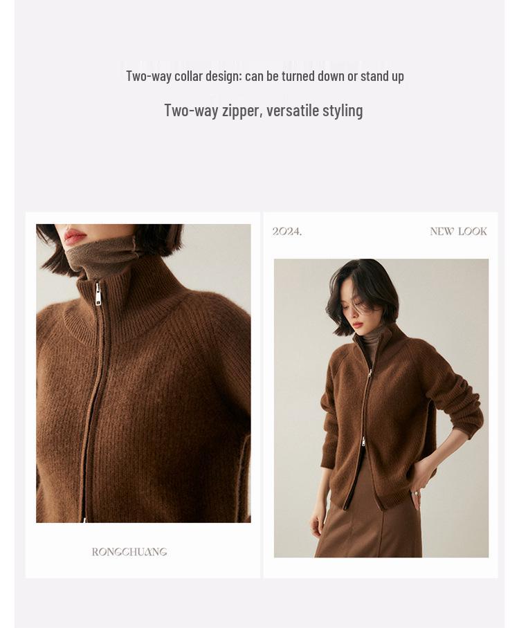 Women's Long Sleeve Cashmere Knit Zipper Cardigan - Cozy Lapel Sweater Outerwear
