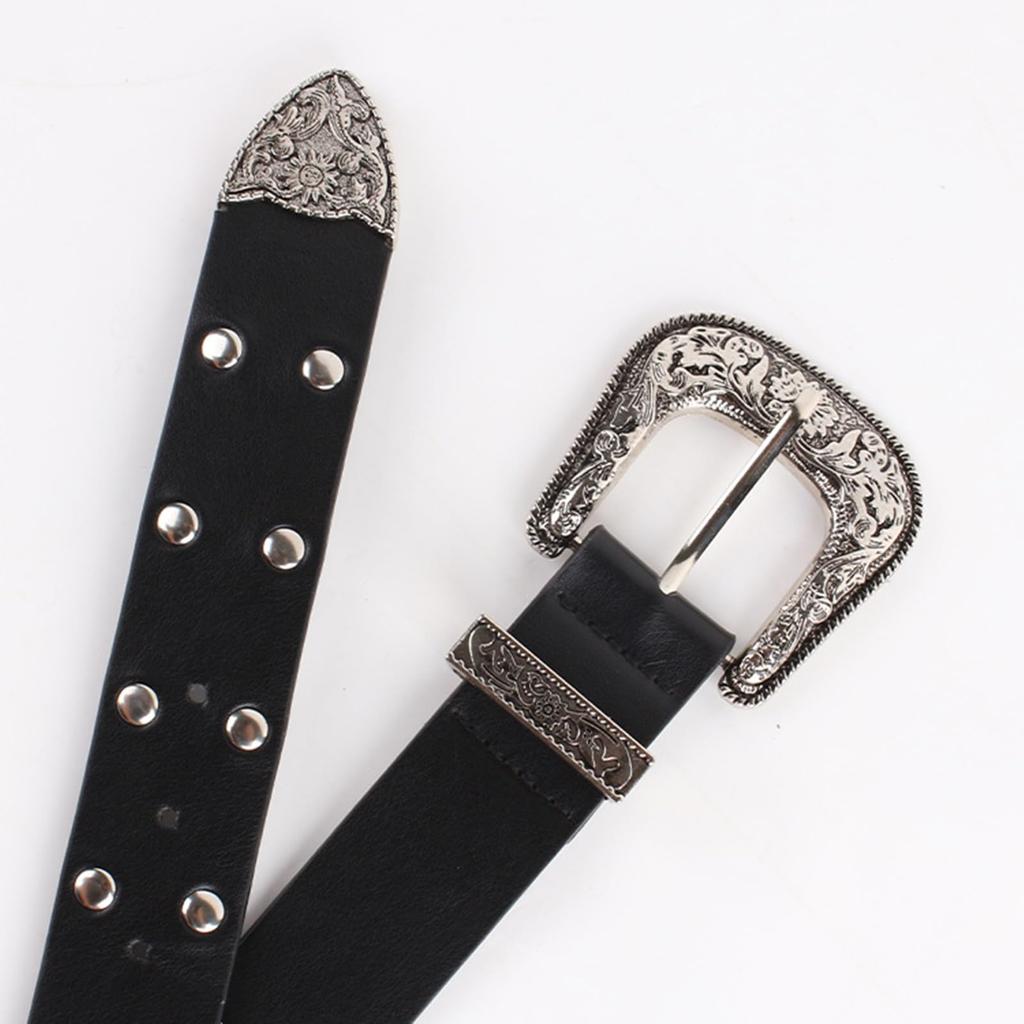 [Lamerry] Studded Belt Western Belt Buckle y2k Belt American Casual PU Leather 105cm Black Men's Women's Black