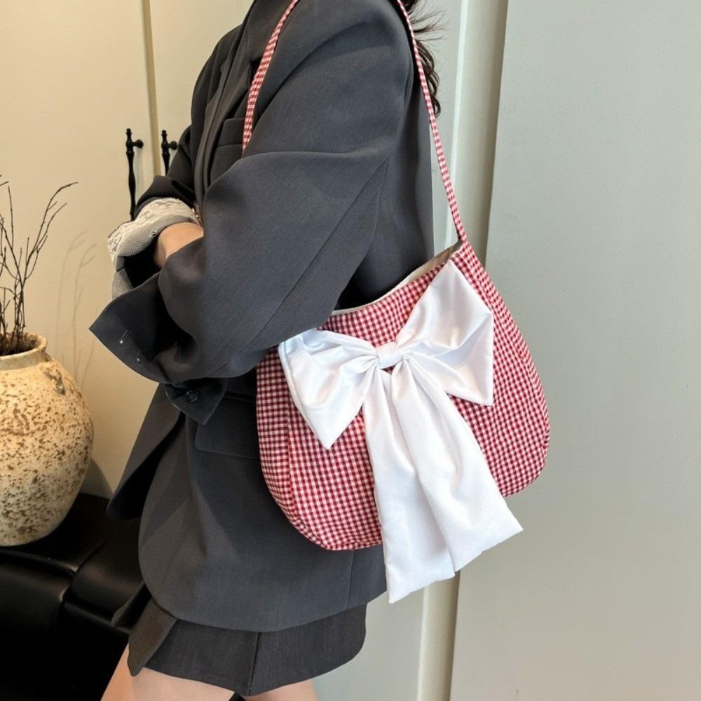 Japanese Style Bow Shoulder Bag Cloth Canvas Tote Bag Vintage Plaid Shoulder Bag Outdoor
