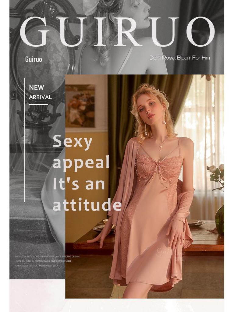 Damen Herbst/Winter Casual Camisole Nachthemd mit Brustpolster & Bequemer Morgenmantel Homewear Set