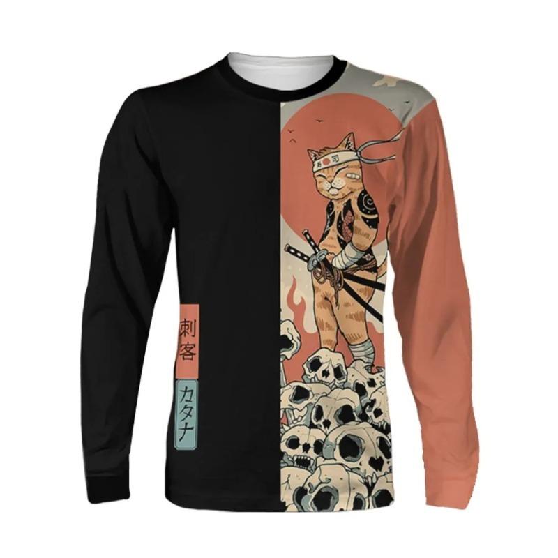 

Футболки мужские модные повседневные с длинным рукавом и 3D-принтом японского кота-самурая с круглым вырезом 5XL