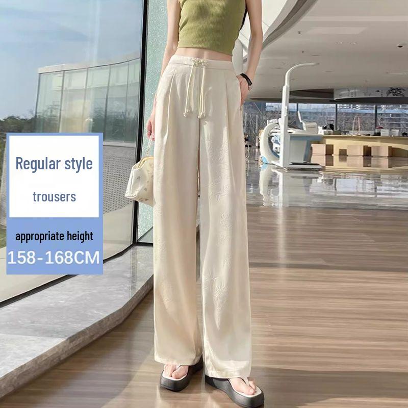 New Chinese Style Women's High-Waist Wide-Leg Pants for Summer - Ice Silk Feel, Floor-Length, Casual Drape.