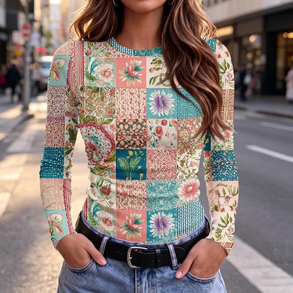 Women's Slim Fit Plaid Floral Print Long Sleeve Round Neck T-Shirt for Casual Wear