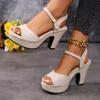 Fashion 2025 New Summer Open toed European and American Style Large Round Head Solid Color Buckle High Heel Sandals for Women