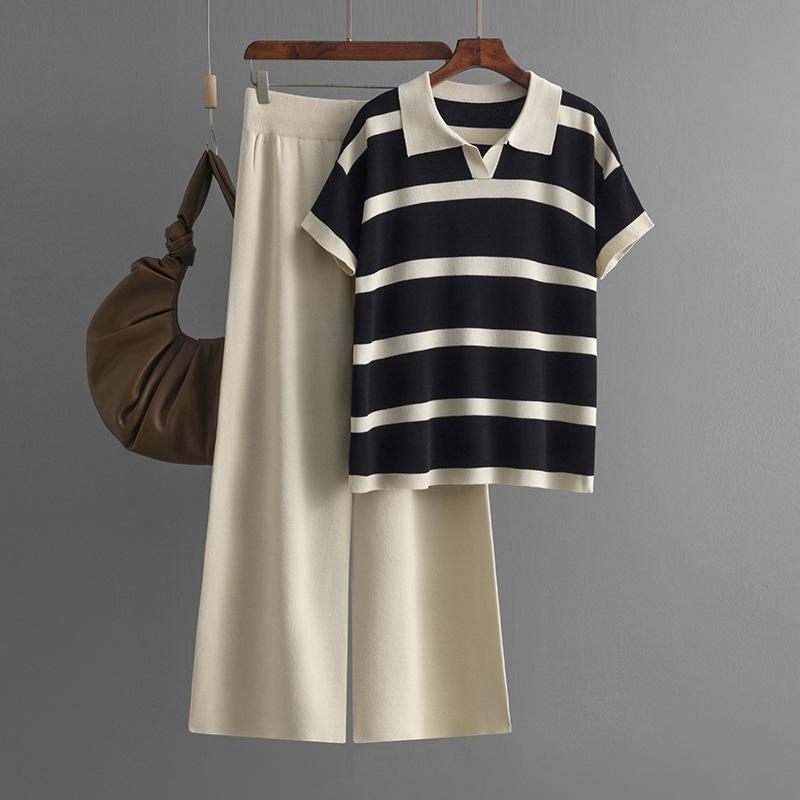 Summer color matching striped collar casual fashion short-sleeved knitted top solid color loose wide-leg pants two-piece set
