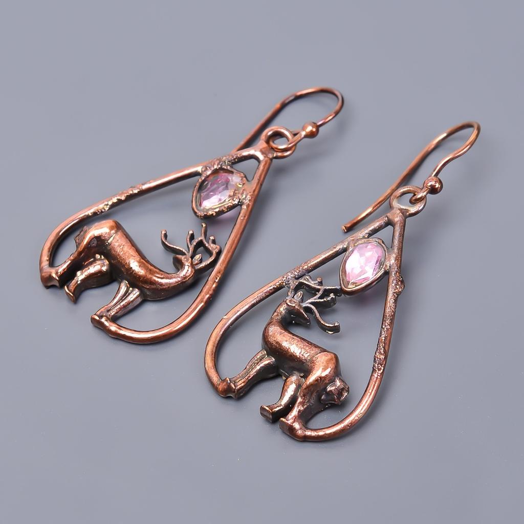 Fancy Pink Amethyst Stone Copper Electroformed Hook Drop Dangle Artisan Earrings V-48