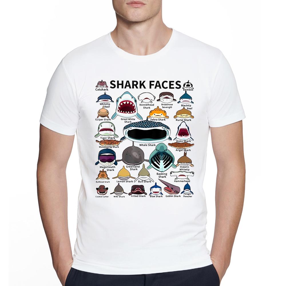 Interesting Shark Faces Design Tshirts Types Of Shark Identification Print Men Tshirt Cool Funny Mens Classic Casual T Shirts S