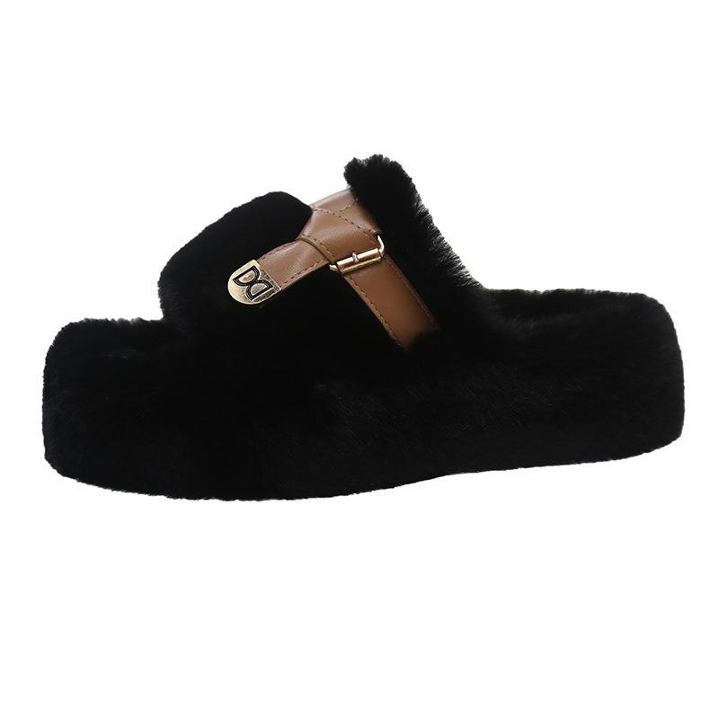 Thick-soled Wool Slippers Women's Autumn and Winter Outer Wear Gentle Fluffy Shoes One-word Drag Design Sense Large Size Plush Drag