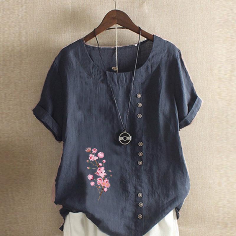 Women's FashionPink Flowers Prined Round Neck Short Sleeve T-shirt Casual Cotton Linen Graphic Shirt Leisure Loose Summer Blouse Tops Plus Size