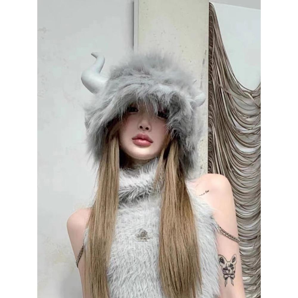 Big Black Fluffy Women's Hat Men's and Women's Winter Horn Ears Windproof and Cold Cycling Cute Cow Head Warm Plush Hat