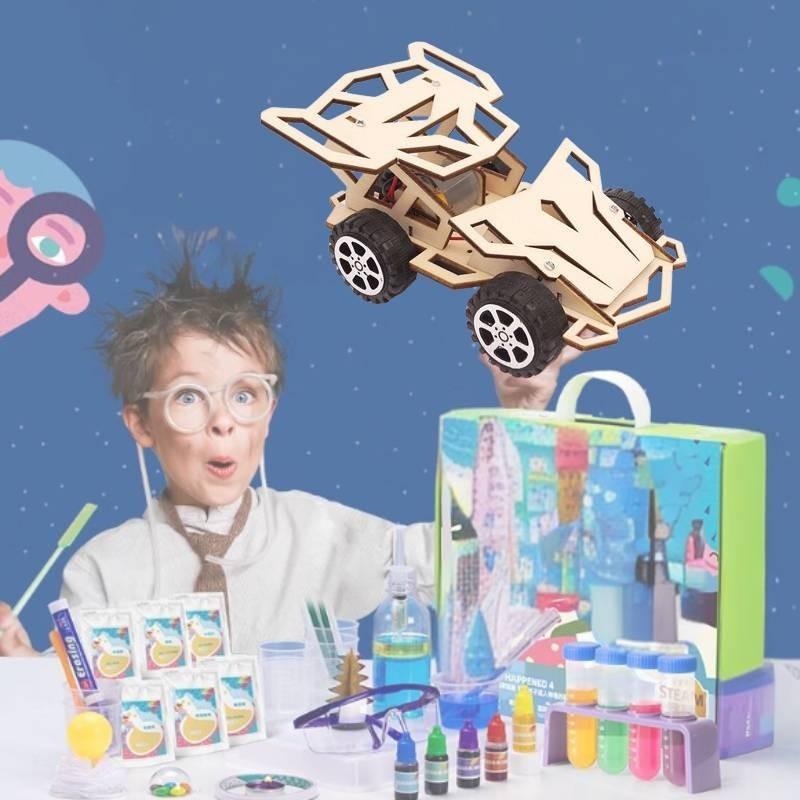 Stem Educational Diy Wooden 4wd Racing Car Science Experiment Toy For Kids Handmade Assembly